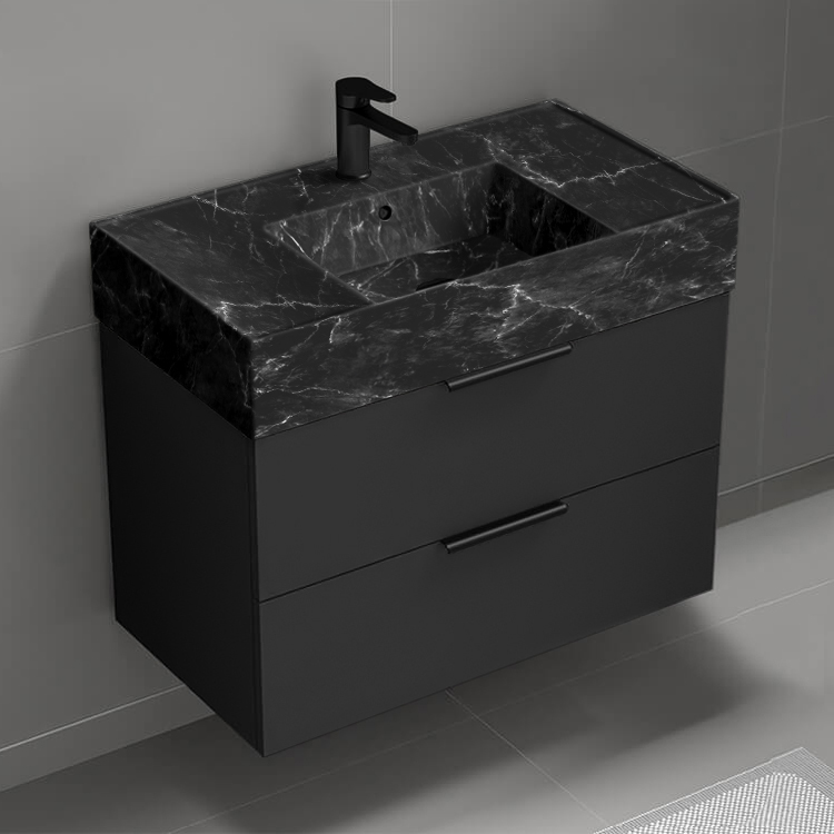 Nameeks DERIN875 Modern Bathroom Vanity With Black Marble Design Sink, 32 Inch, Wall Mounted, Black